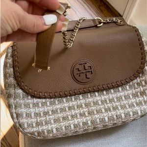 Tory Burch beautiful Marion leather saddle bag camel and cream color